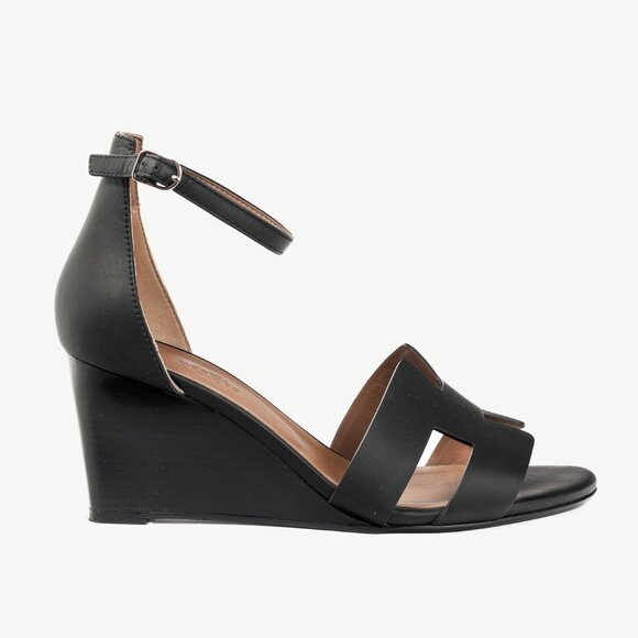 Hermes Legend Noir Calfskin "H" Wedge Sandals - Picture 1 of 12